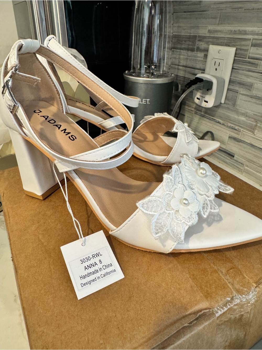J. Adams White Floral Pearl Block Heel Sandals